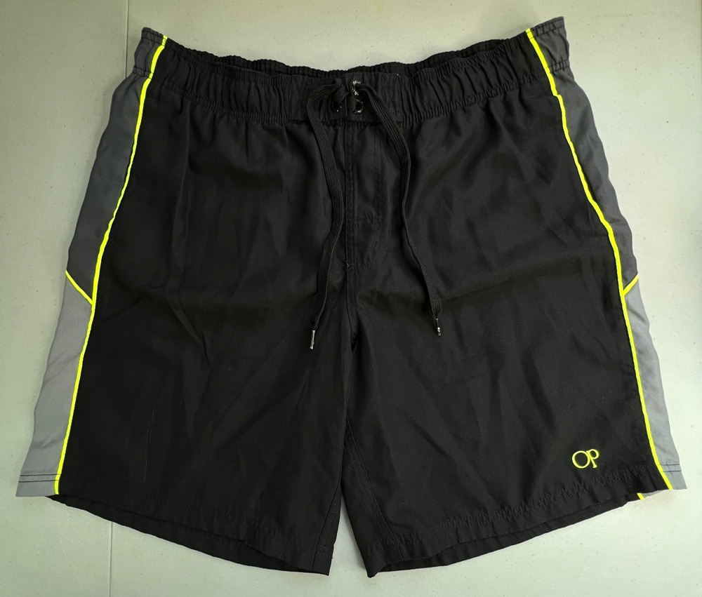 OP Swim Trunks Mens Large Black Neon Green Athletic Shorts Drawstring Beach Pool